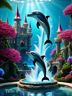 two dolphins jumping out of the water in front of a castle with pink trees and flowers