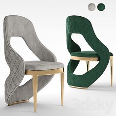 two modern chairs in different colors and sizes, one with a curved back and the other without