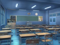 an empty classroom with desks and bookshelves is shown in this 3d image