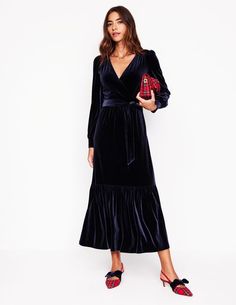 Ophelia Velvet Midi Wrap Dress - Navy | Boden US Style Development, Party Kleidung, Boden Uk, Midi Wrap Dress, Development Board, Maxi Jersey Dress, Satin Maxi Dress, Party Outfits, Newborn Dresses