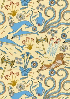 an image of a pattern with animals and plants on it's surface in blue, yellow and brown colors