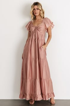 Agatha Maxi Dress | Dusty Mauve Tiered Maternity Dress, Bump Friendly Bridesmaid Dress, Dusty Sage Dress, Dusty Pink Clothes, Muted Pink Outfit, Mauve Clothing, Pink Bridesmaid Dresses With Sleeves, Dusty Rose Outfit, Rose Color Dress