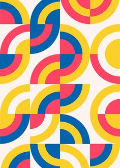 an abstract pattern in yellow, red and blue with circles on the bottom right corner