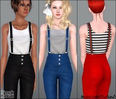 three different types of women wearing overalls and suspenders, one in red, the other in blue