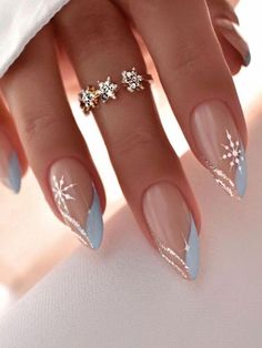 light blue French tips Snowflake Nail Design, Blue Nail, Cute Acrylic Nails, Holiday Nails