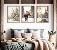 a bed room with a neatly made bed and two pictures on the wall above it