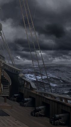 a man standing on the deck of a ship looking out at the ocean under stormy skies