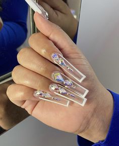 Blinged Nails Rhinestones, Nail Designs Rhinestones, Xxl Nail Designs, White Bling Acrylic Nails, Xxl Acrylic Nails, Acrylic Nails Long, Nails Long Square, Acrylic Toe Nails, Sassy Nails