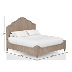 the bed frame is made up and has white pillows on it, along with measurements for the headboard