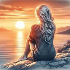 a painting of a woman sitting on a rock looking out over the water at sunset