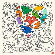 a coloring page with an image of children's faces and animals in the background