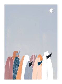 five surfboards are lined up in a row with the moon rising above them on a cloudy day