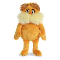 an orange stuffed animal with white fur on it's head and eyes, standing in front of a white background