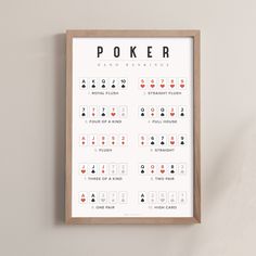 a wooden frame with a poster on it displaying the rules for playing poker in different ways