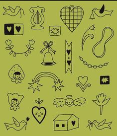 a green background with black and white doodles on it, including hearts, flowers, birds, doves