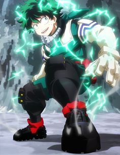 an anime character with green hair and black pants