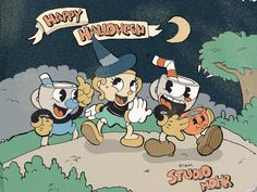 an image of three cartoon characters on a halloween night with the words happy halloween written above them