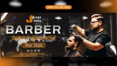 a man getting his hair cut by a barber shop advertisement banner template