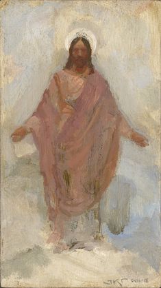 a painting of jesus standing in the snow with his arms spread out and hands outstretched