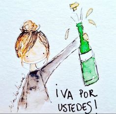 a drawing of a person holding a bottle and throwing confetti into the air