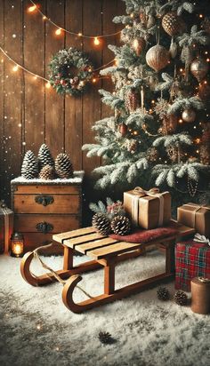 a wooden sled with presents under a christmas tree