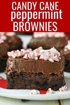 chocolate candy cane peppermint brownies on a red and white plate with text overlay