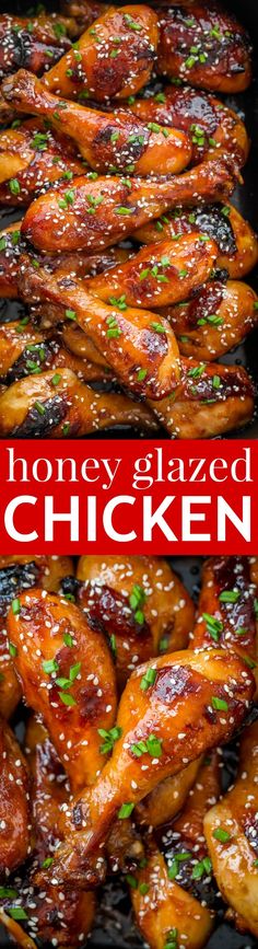 honey glazed chicken is cooking in a skillet with the words honey glazed chicken on it