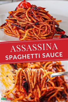 spaghetti with tomato sauce is being served on a white plate and the title says, assina spaghetti sauce