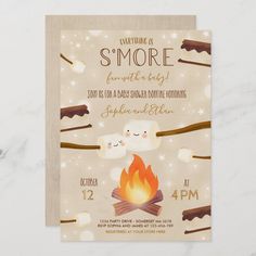 a birthday party card featuring marshmallows and fire