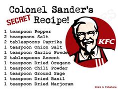 a recipe for colonel sander's secret recipe is shown in red and white