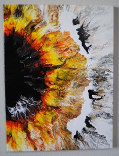 an abstract painting on the wall with white and yellow colors, including black and orange