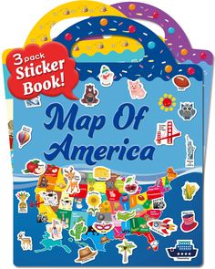 the sticker book map of america is shown in front of a blue bag with colorful stickers on it