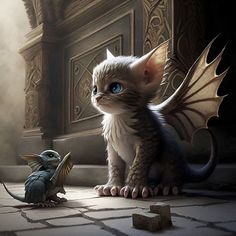 a cat sitting next to a small dragon on a stone floor in front of a doorway