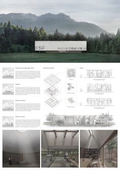 an architectural rendering shows the interior and exterior of a building with mountains in the background