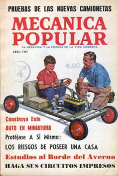 an advertisement for popular mechanics shows two boys in a pedal car