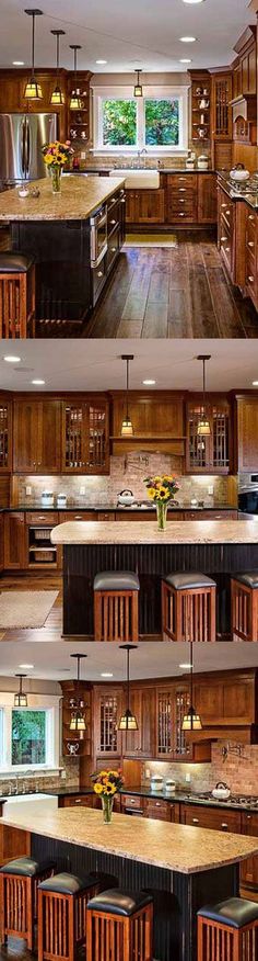 this kitchen has wooden cabinets and granite counter tops, along with an island in the center