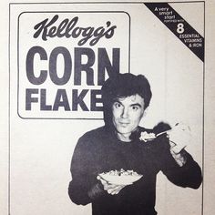 an advertisement for corn flakes with a man holding a spoon in his right hand