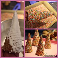 there are many different types of ice cream cones in this collage, including one with sprinkles on it