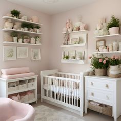 a baby's room with pink walls and white furniture