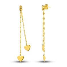 Meaningful polished hearts hang from dazzling mirror chains in these sentimental women's dangle earrings. Fashioned in 14K yellow gold, the earrings secure in place with friction backs. Elegant Heart Earrings With Dangling Charms For Valentine's Day, Elegant Valentine's Day Heart Earrings With Dangling Charms, Yellow Gold Jewelry With Dangling Charms For Valentine's Day, Yellow Gold Dangle Heart Earrings, Valentine's Day Yellow Gold Dangle Earrings, Valentine's Day Yellow Gold Jewelry With Dangling Charms, 14k Yellow Gold Heart Drop Earrings, Gold 14k Heart Dangle Earrings, Gold Dangle Heart Earrings For Formal Events