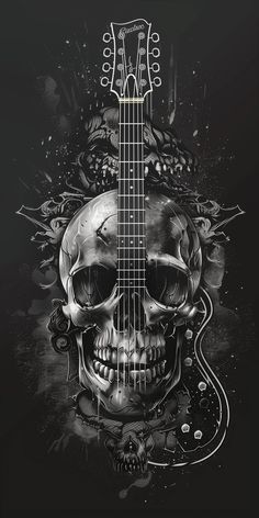 a skull with a guitar on it's head and flowers around the neck, in black