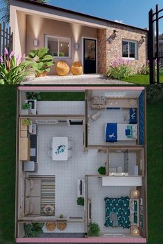 an overhead view of a two bedroom house