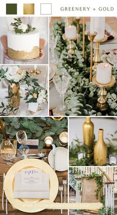 a collage of photos with gold, white and green wedding colors in the same color scheme