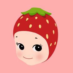 a cartoon strawberry with a green leaf on it's head and eyes, against a pink background