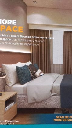 an advertisement for a hotel room with a bed in it