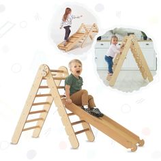 a child is playing on a wooden slide