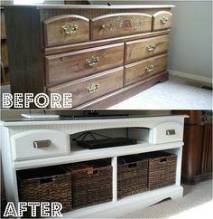 before and after photos of a dresser with baskets on it, the bottom drawer is painted white