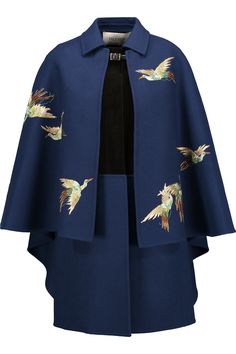 Cape Coat Outfit, Cape Fashion, Blue Cape, Embroidered Coat, Sleeveless Coat, Embroidered Wool, Cape Coat, Cape Dress