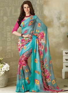 Blue Georgette Printed Saree Pastel Teal, Saree Draping Styles, Sari Dress, Aqua Blue Color, Buy Sarees Online