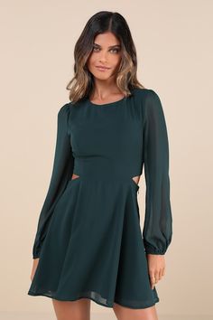 Garden Bliss Emerald Green Long Sleeve Cutout Mini Dress